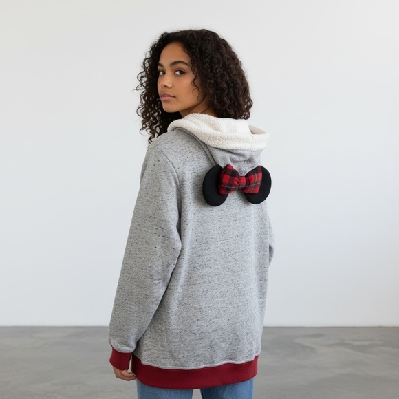 Disney Parks Minnie Mouse Gray Pullover Full Zip Sweater Hoodie Bow Ears Size M - Picture 4 of 11